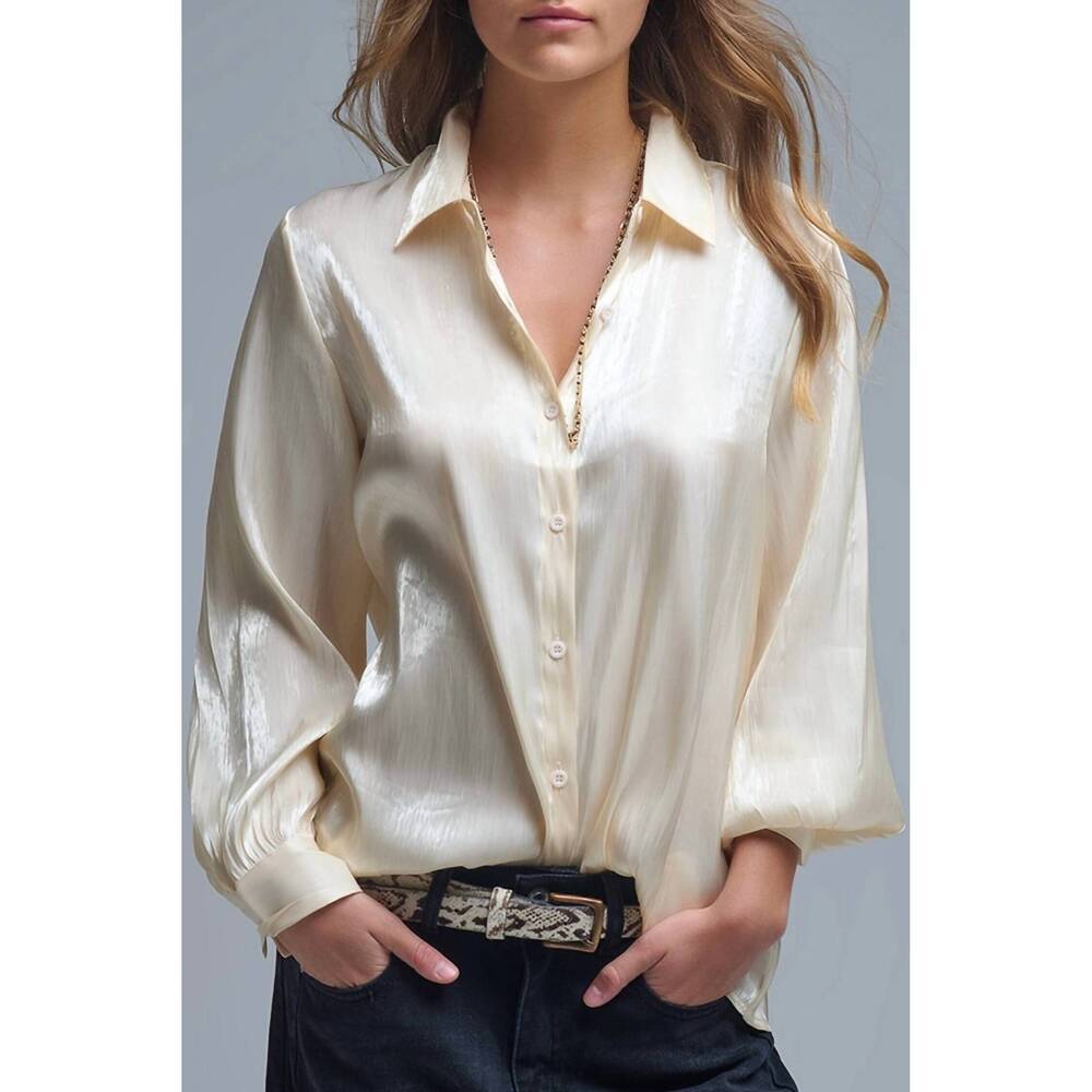 NEW Q2 elegant button up satin silk top in beige